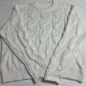 Aerie White Cable Knit Crewneck Sweater, Small, Cotton Blend